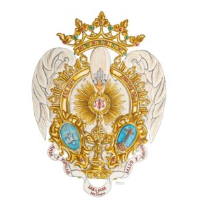 Escudo de la Hermandad Sacramental del Santísimo Cristo del Amor y Humildad ante Caifás, María Santísima de la Salud y Esperanza, Santa Ángela de la Cruz y San Antonio Abad de Sanlúcar de Barrameda